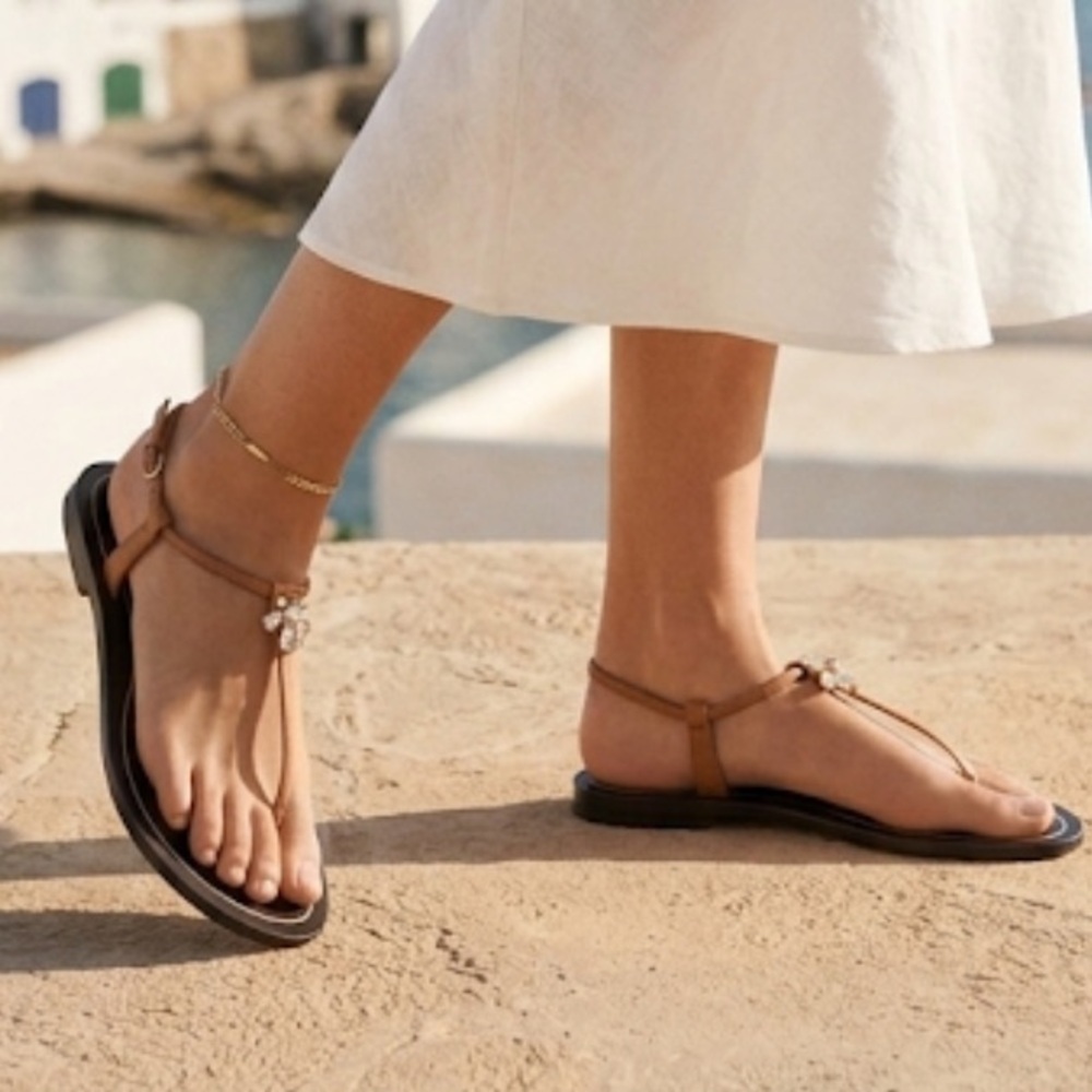 Massimo Dutti Brown Leather T-Strap Sandals with Floral Accent